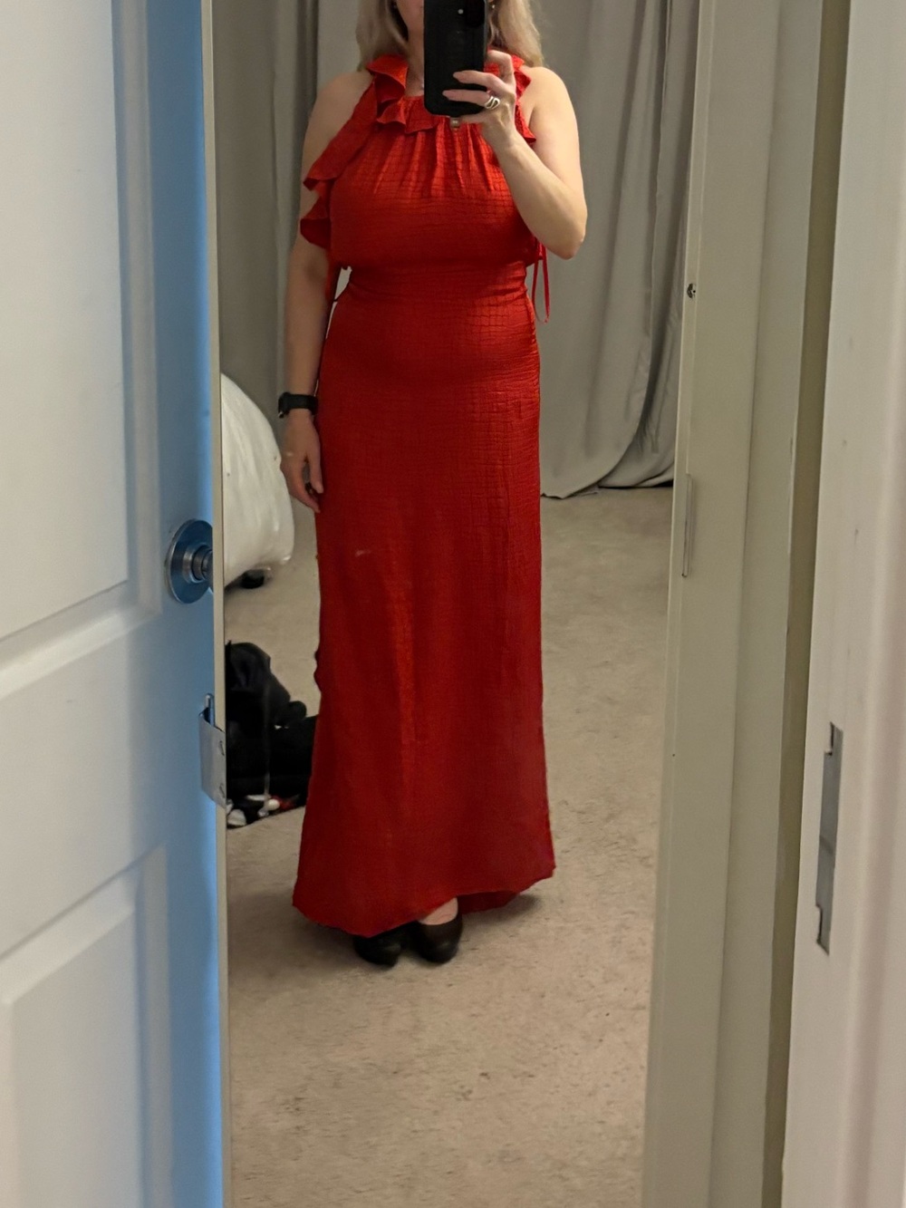 Red Ruffle Halter Evening Dress - Picture 2 of 5